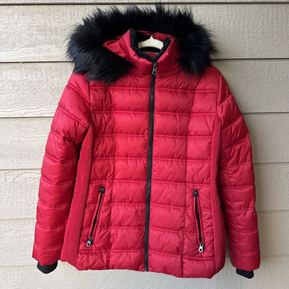 Nautica Women's Lg Red Black Water Resistant Quilted Puffer Jacket Coat Fur Trim
